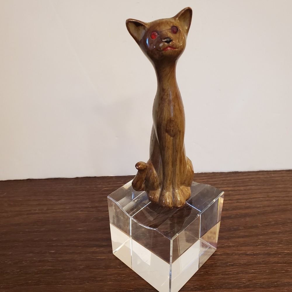 Vtg 1960s Resin 5 1/2" Chestnut Siamese Cat, Ruby Red Rhinestone Eyes, Hong Kong